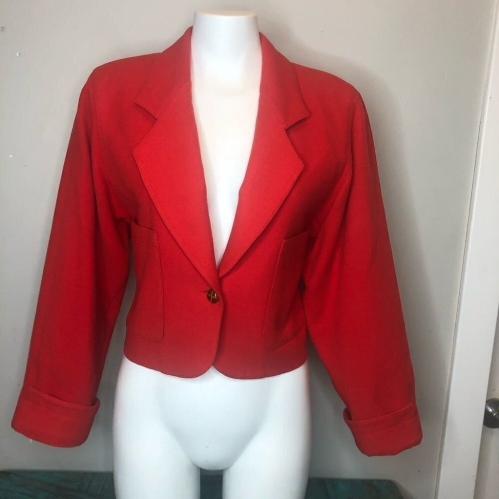 Alfred Sung Red Wool Cropped Blazer Size 4 Academia Collegiate Office